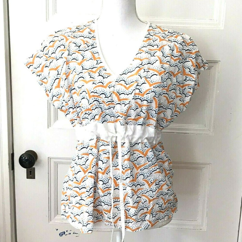 Eley Kishimoto Blue Orange White Bird Print Top Cotton Drawstring Waist